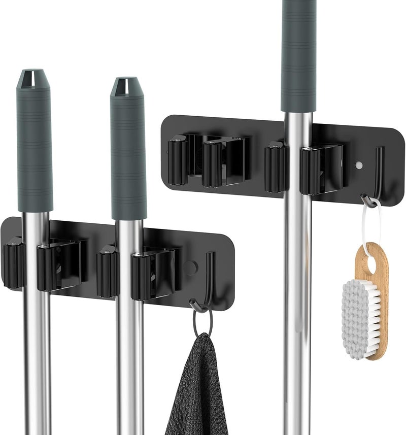 homeasy Wall Mount Mop and Broom Holder, Heavy Duty Stainless Steel Organizer Rack with Hooks | 2-Pack, 2-in-1 No Drill & Screw Installation, Black - Image 1
